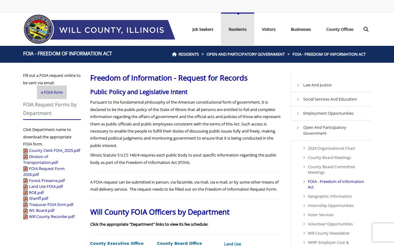 Joliet residents directory Will County FOIA access