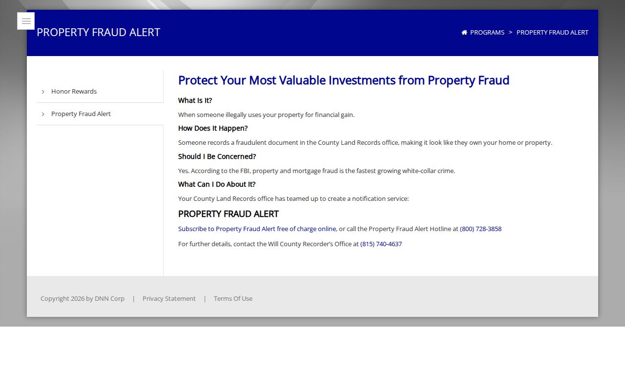 Will County Property Fraud Alert information for a Joliet property owner