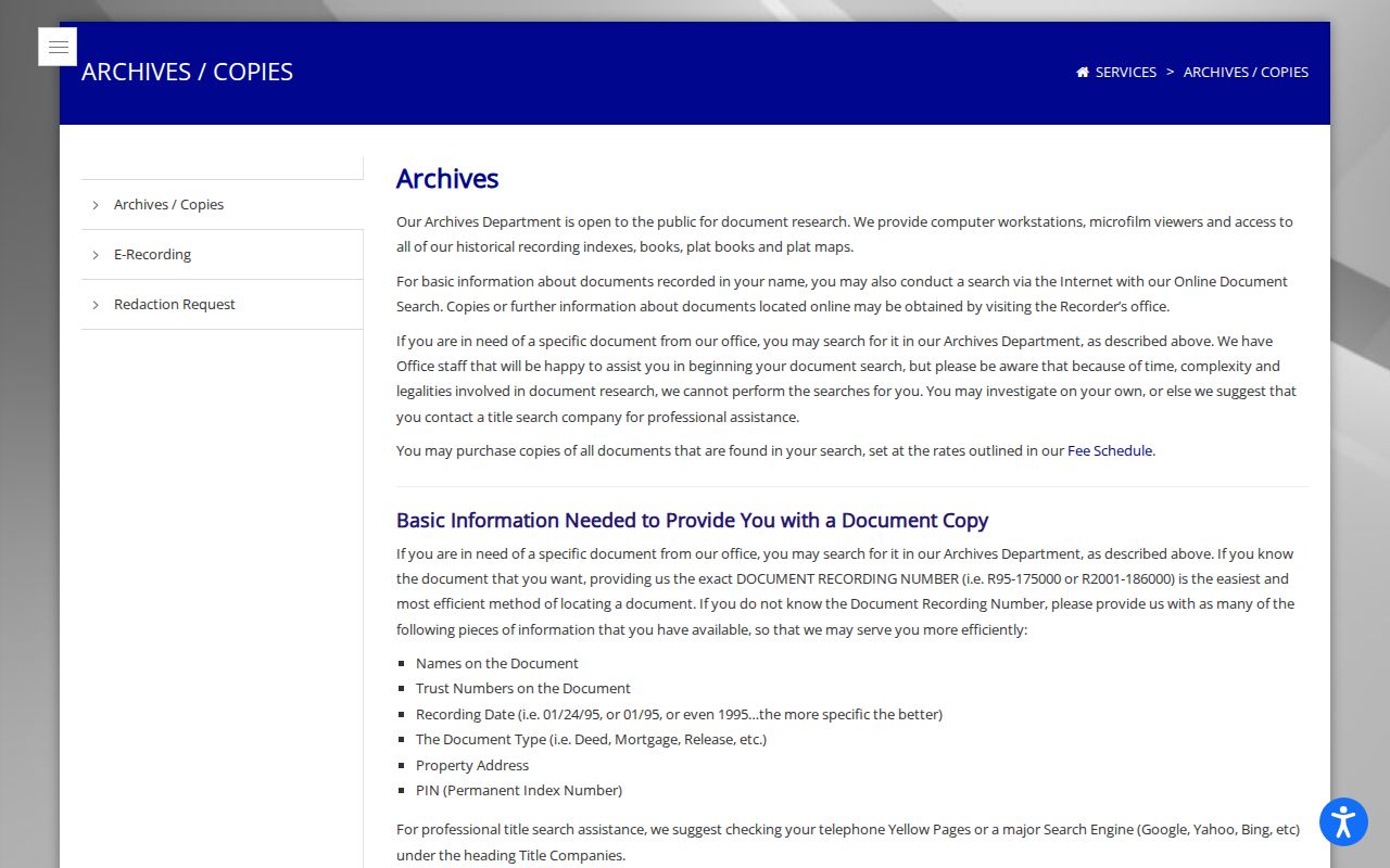 Will County Recorder archives and pre-1965 copy research information