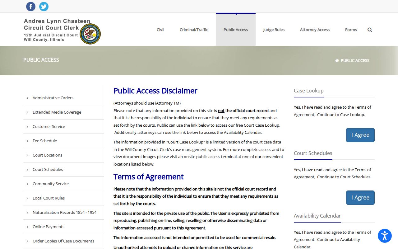 Will County Circuit Clerk public case search page for a Joliet resident lookup